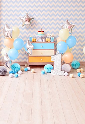 Yeele 4x6ft 1st Birthday Backdrop for Boys - Vinyl Photography Background with Cake Smash Props, Balloons & Paper Flowers | Chevron Wallpaper & Wooden Floor Design for Photo Studio, Baby Shower & Party Decorations