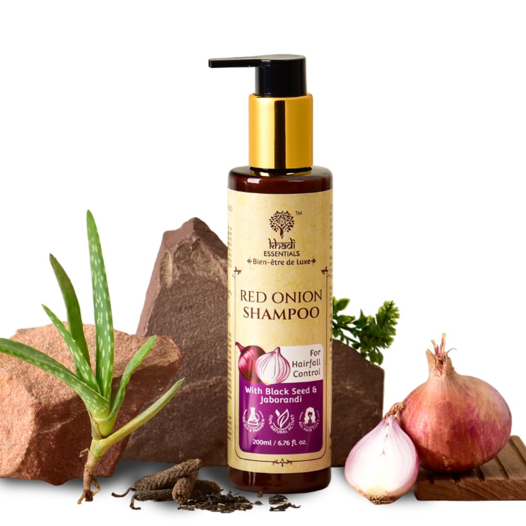 Khadi Essentials Luxurious Black Seed Oil & Red Onion Hair Shampoo 200ml - Natural Hair Growth Treatment for Hair Loss Control with Jaborandi & Vitamin E | SLS & Paraben Free | Revitalizes Thin & Damaged Hair for Daily Nourishment