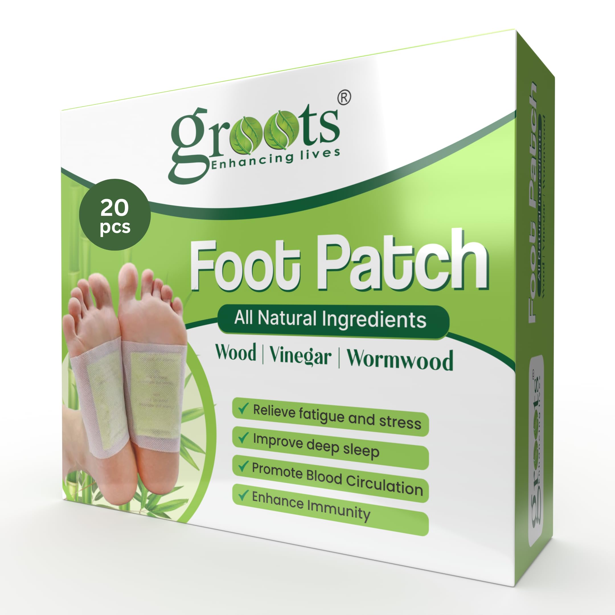 GROOTS Detox Foot Patches for Pain Relief & Stress Relief - Natural Cleansing Toxin Remover Foot Pads for Better Sleep - Detoxification for Men & Women (20 Patches per Box) - Perfect for Nighttime Use, Travel & Post-Workout Recovery
