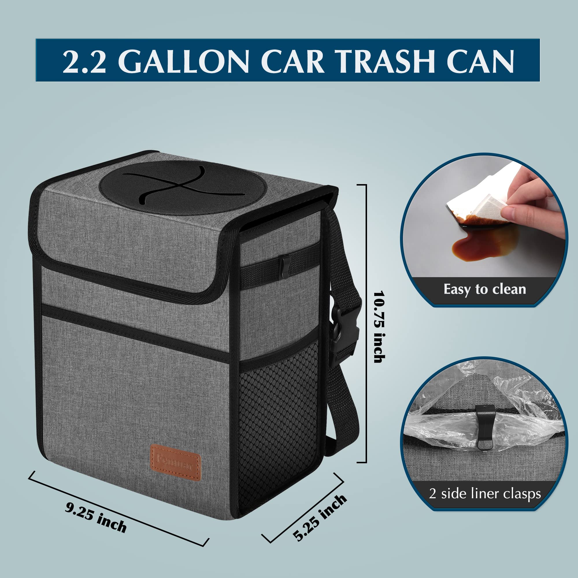 Femuar Leak Proof Waterproof Car Trash Can with Lid - Collapsible Hanging Garbage Bag for SUV Front Seat, Portable Car Trash Organizer with Storage Mesh Pocket, Grey - Ideal for Road Trips, Commuting, and Family Travel