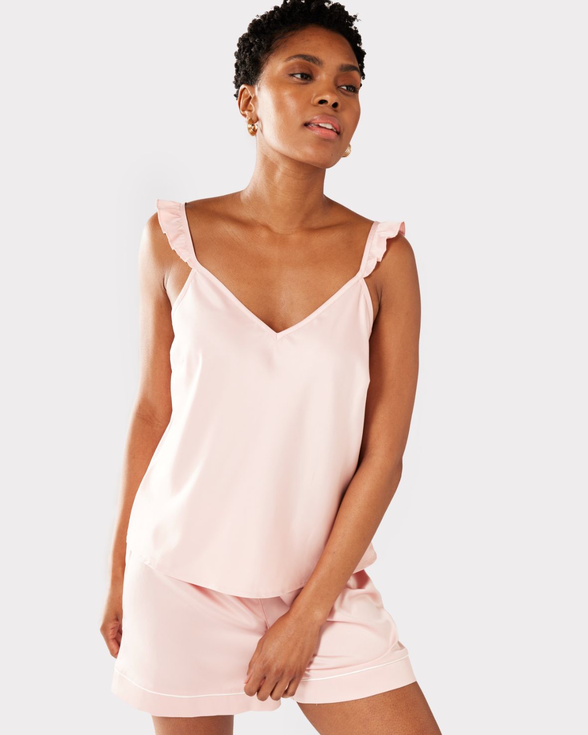 Satin Frill Trim Cami Short Pajama Set - Soft Blush Pink Sleepwear for Women, Comfortable Loungewear for Nighttime & Relaxation at Home
