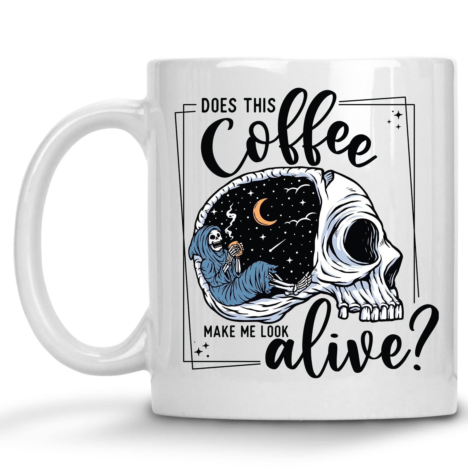 Funny Skull Coffee Mug - 11 oz. Ceramic Cup with Sarcastic 'Does This Coffee Make Me Look Alive?' Quote - Perfect Gift for Coffee Lovers, Office Humor & Halloween Decor