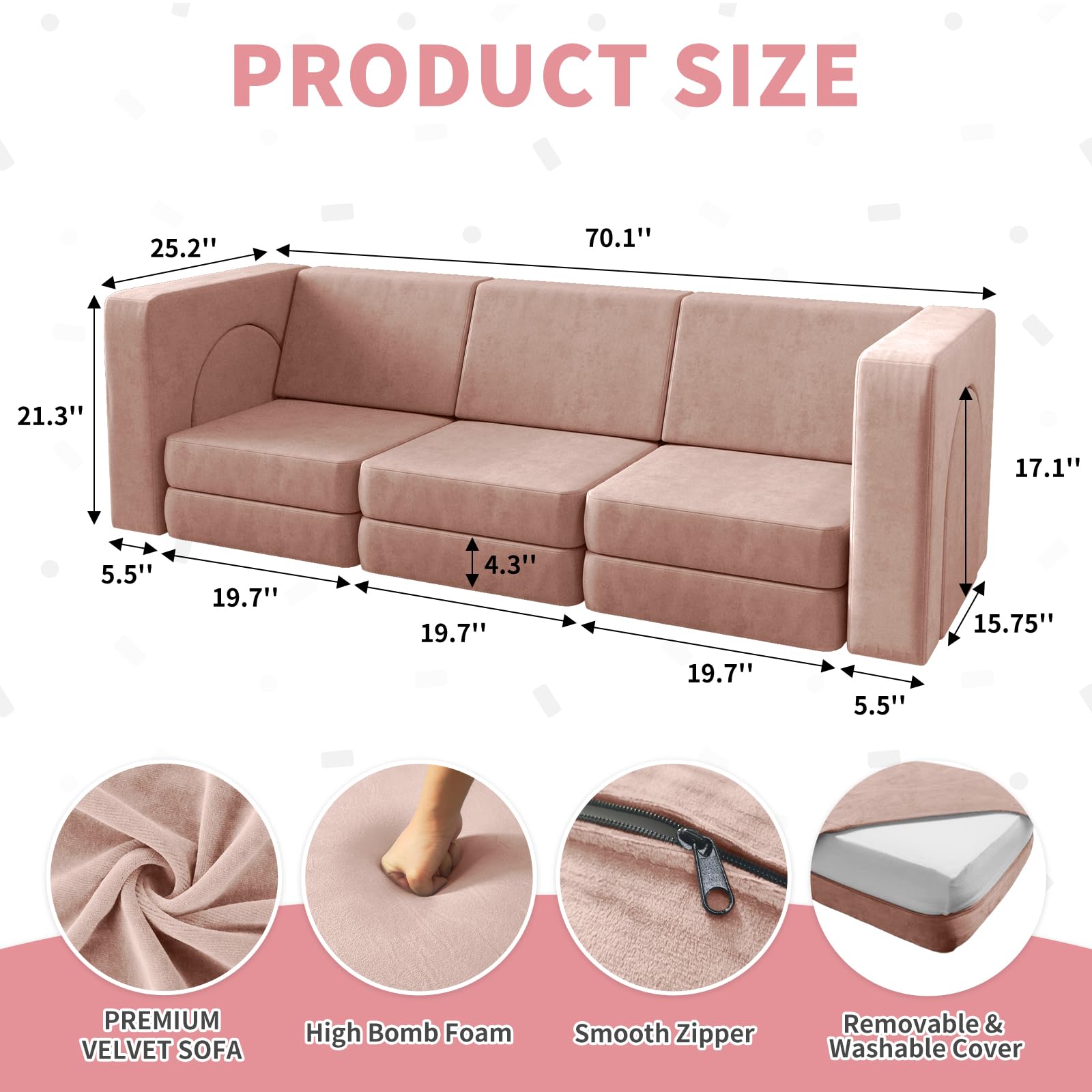 Wanan Kids Couch 12PCS - Modular Play Sofa for Toddlers & Children, 12-in-1 Multifunctional Playroom Furniture for Creative Play, Nap Time & Relaxation - Light Pink Toddler Couch for Boys & Girls - Perfect for Playrooms, Bedrooms & Daycare Centers