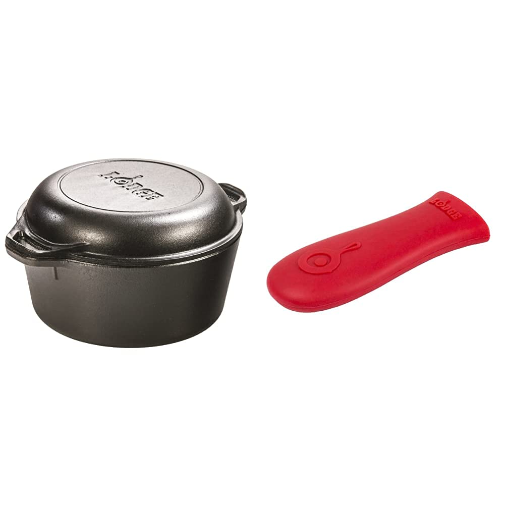 Lodge Cast Iron 5-Quart Double Dutch Oven with Silicone Hot Handle Holder - Perfect for Camping, Baking Bread & Outdoor Cooking