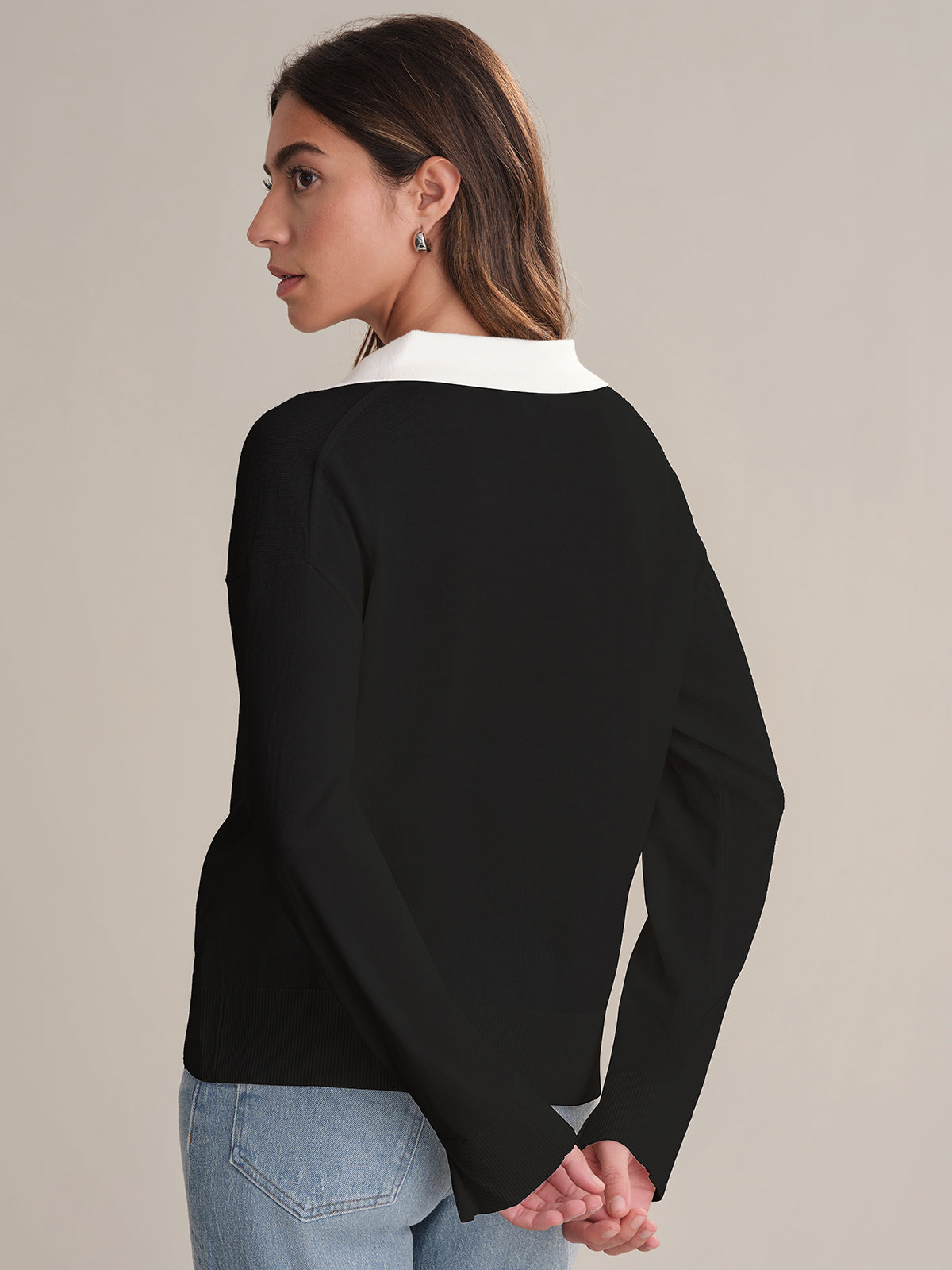 Maddi Women's V-Neck Double Collar Cotton Pullover Sweater - Soft Casual Knit Top for Fall & Winter (Office, Date Night, Weekend Outfits)