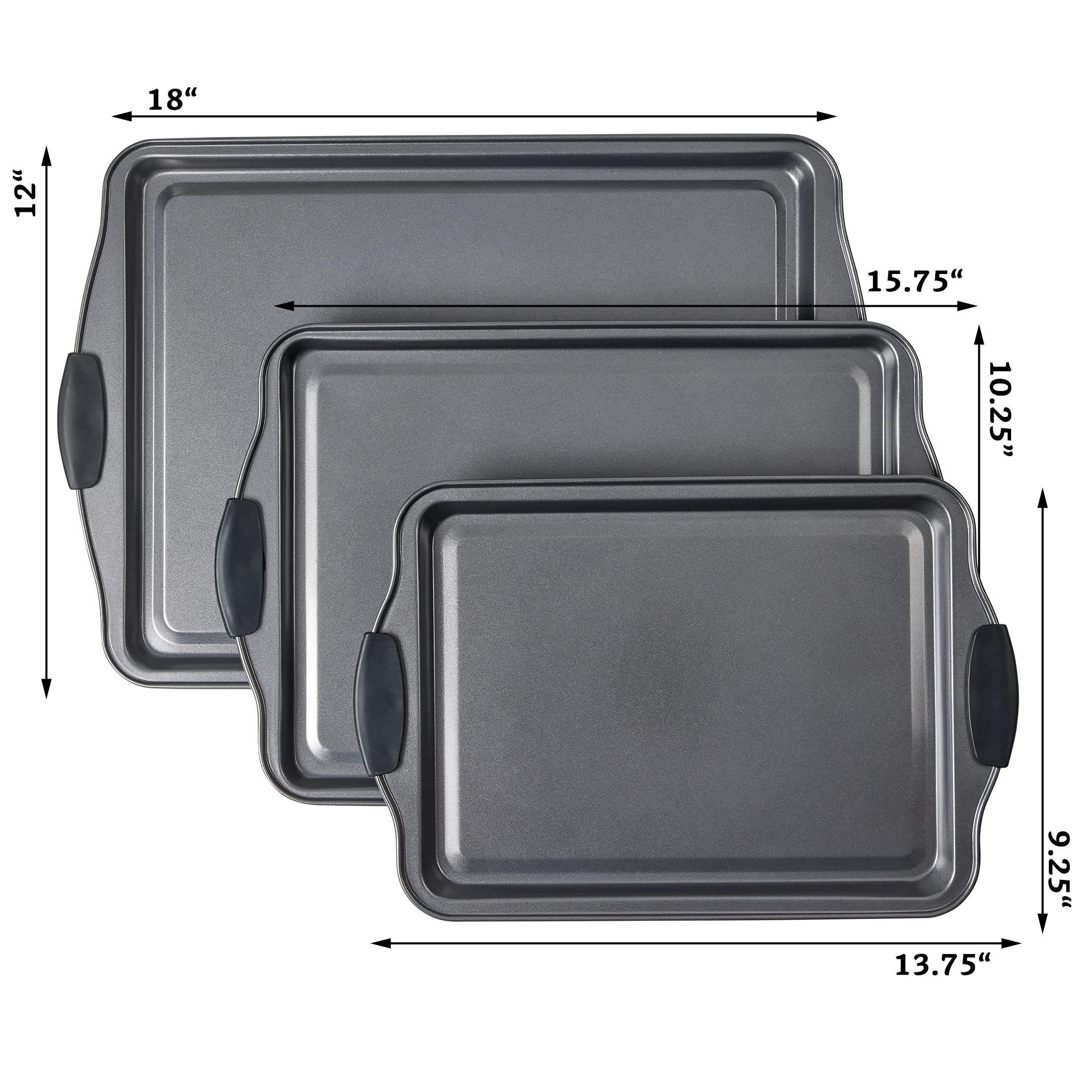 Non-Stick Baking Sheet Set of 3 - Heavy Duty Aluminum Cookie Baking Pans with Black Silicone Handles (Small, Medium, Large) - Perfect for Cookies, Pastries, Roasting Veggies & Meal Prep