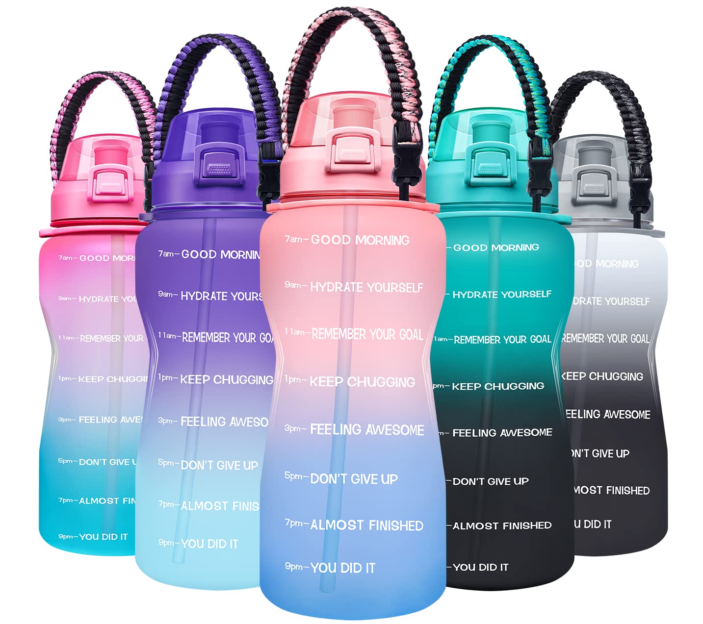 Giotto Large 1 Gallon/64oz Motivational Water Bottle with Time Marker - Leakproof Sports Water Jug with Paracord Handle & Removable Straw - Perfect for Gym, Hiking, Workouts and Outdoor Activities