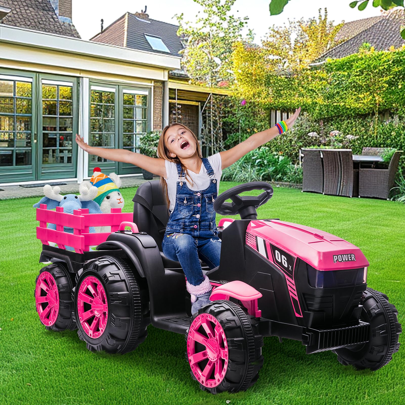 GARVEE 12V Kids Ride On Tractor with Trailer - Pink Battery Powered Toy Car with LED Lights for Boys & Girls | Outdoor Play, Backyard Fun, Birthday Gift for Toddlers
