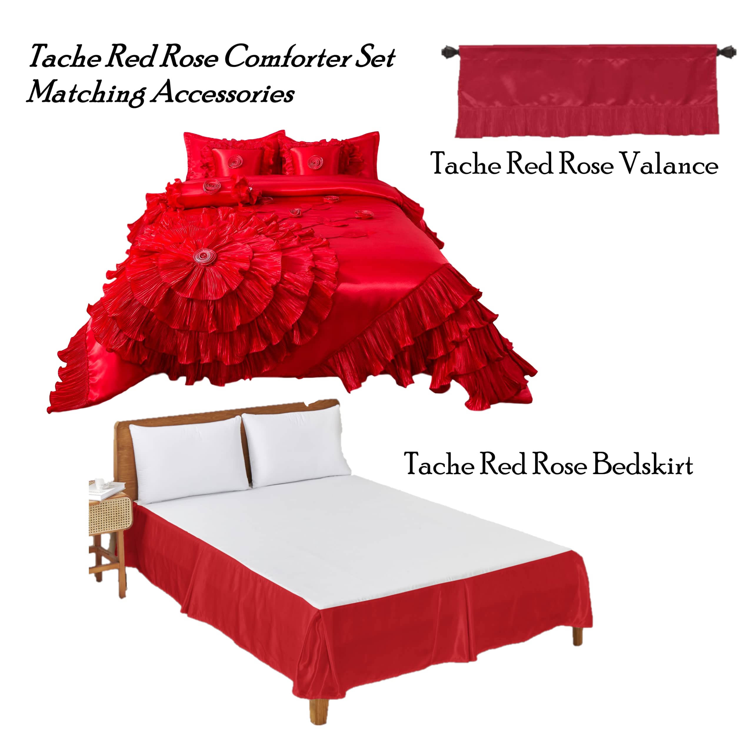 Tache Home Fashion VEHY4174-K Ruffled Comforter Bedding Set King Size Red - Luxury Bedroom Decor for Master Suite, Guest Room & Cozy Retreat