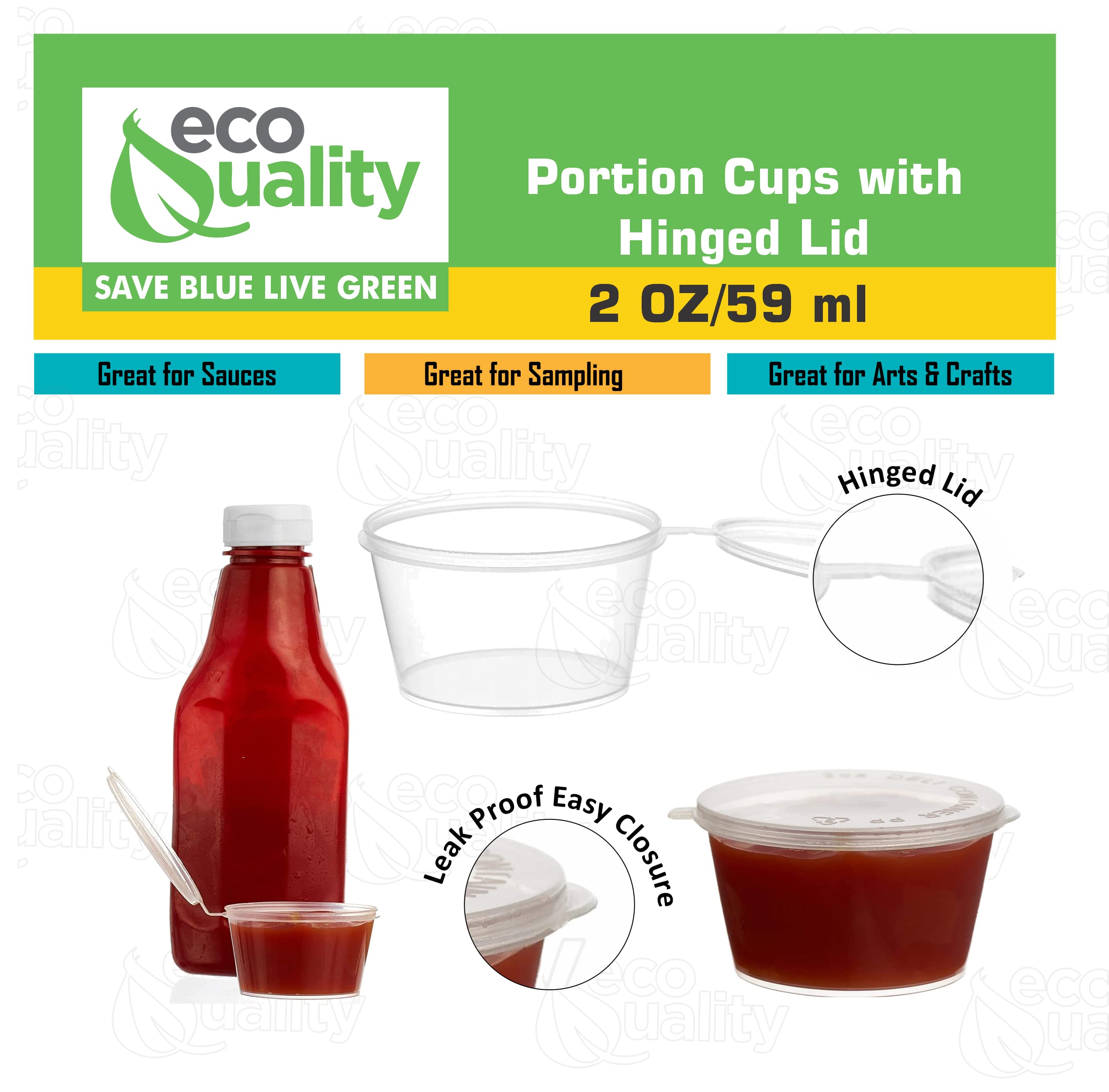 EcoQuality 2 Oz Leak Proof Plastic Condiment Cups with Hinged Lids - BPA Free Portion Containers for Sauces, Dressings, Jello Shots, Slime, Food Storage - Ideal for Restaurants, Catering, Parties & Home Use (Pack of 1000)
