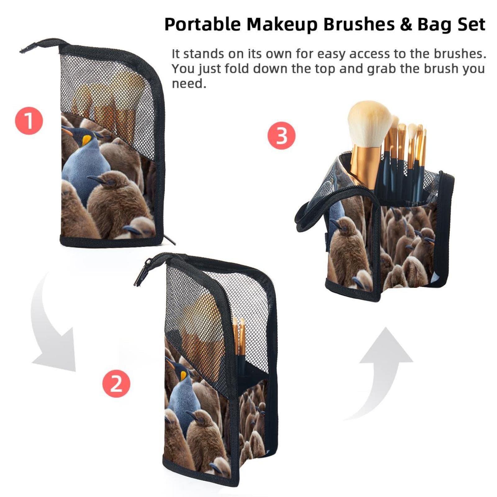 Portable Makeup Brush Organizer Bag with 12 Slots - Cute Penguin Design Cosmetic Brush Holder Case for Travel & Home Storage