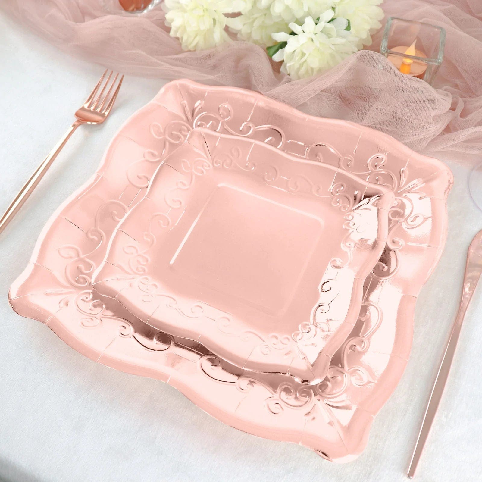 25 Pack Square Disposable Dessert Plates with Elegant Scroll Design - Perfect for Parties, Weddings, and Dinner Events