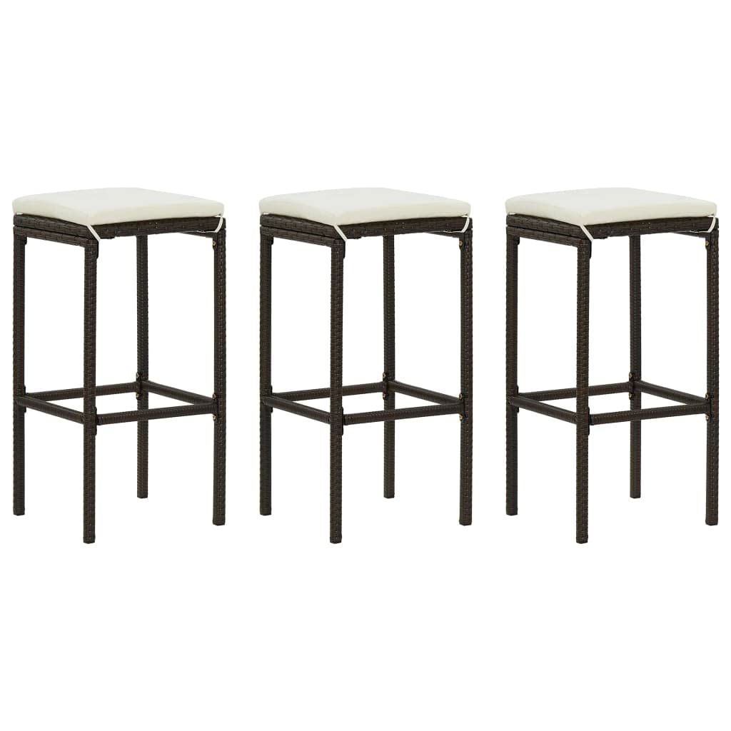 3-Piece Brown Poly Rattan Bar Stools with Cushions - Perfect for Kitchen Island, Breakfast Nook & Outdoor Patio Seating