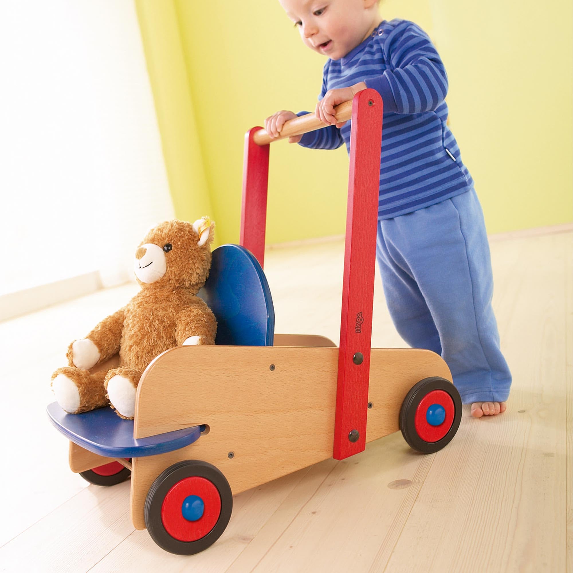 HABA Wooden Baby Walker Wagon - Sit to Stand Learning Push Toy with Seat & Storage for Toddlers 1-3 Years (10+ Months) | First Steps Helper & Playroom Activity Center
