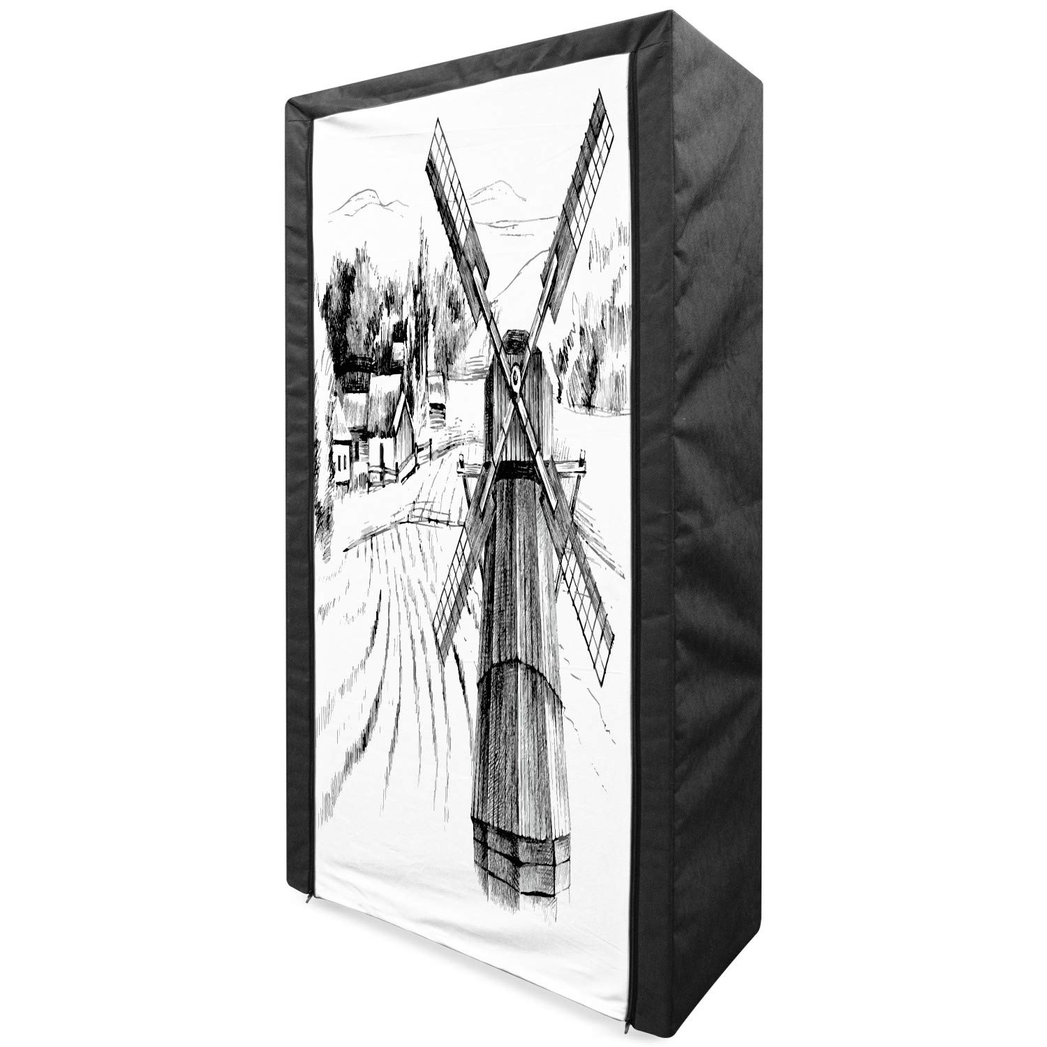 Ambesonne Portable Fabric Wardrobe - Hand Drawn Rural Scenery Design, Small Town Farm Houses & Forest Sketch, 33.5