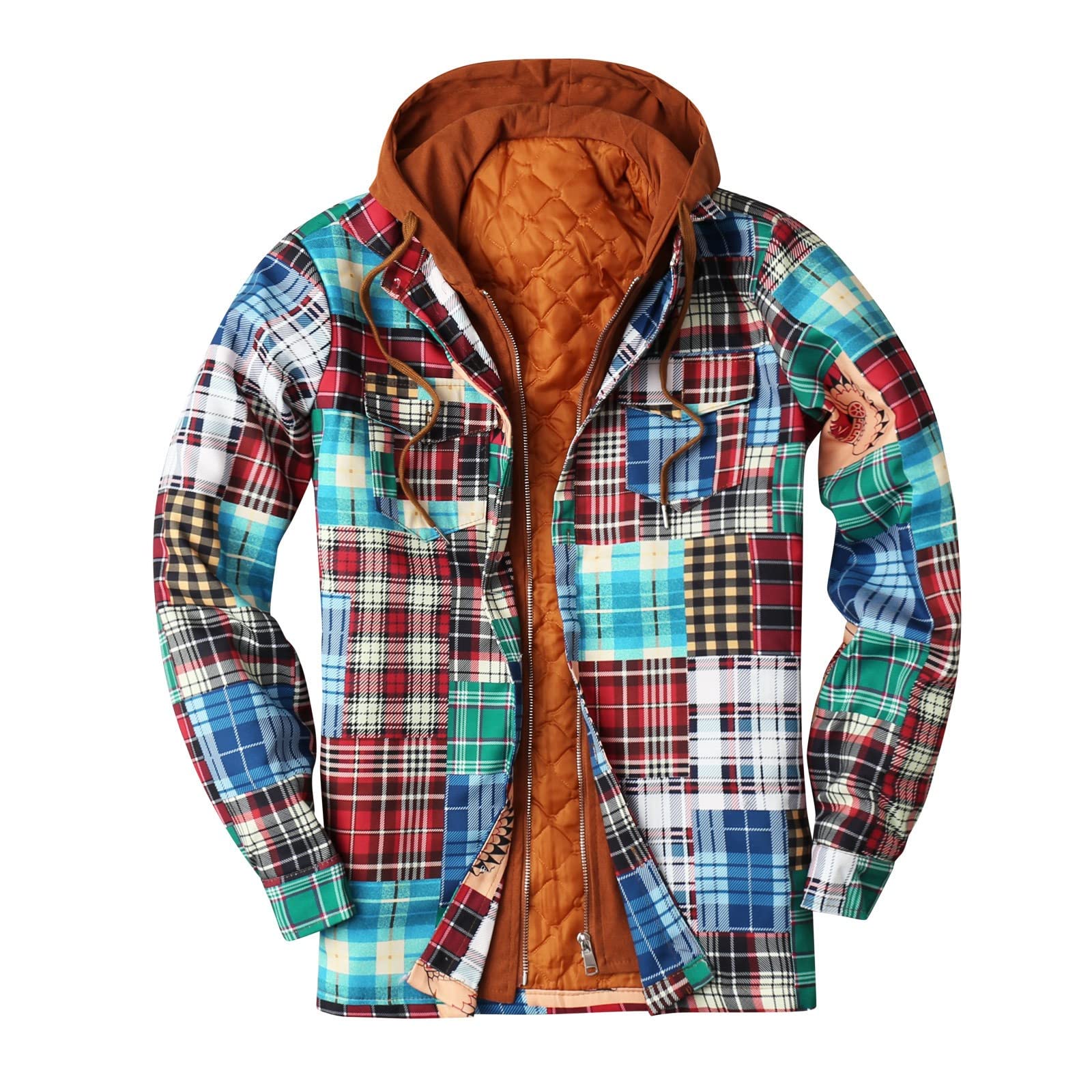 **Men's Plus Size Thermal Quilted Lined Flannel Jacket - Heavyweight Zip-Up Varsity Hooded Shirt & Padded Plaid Coat for Winter Outdoor Activities**