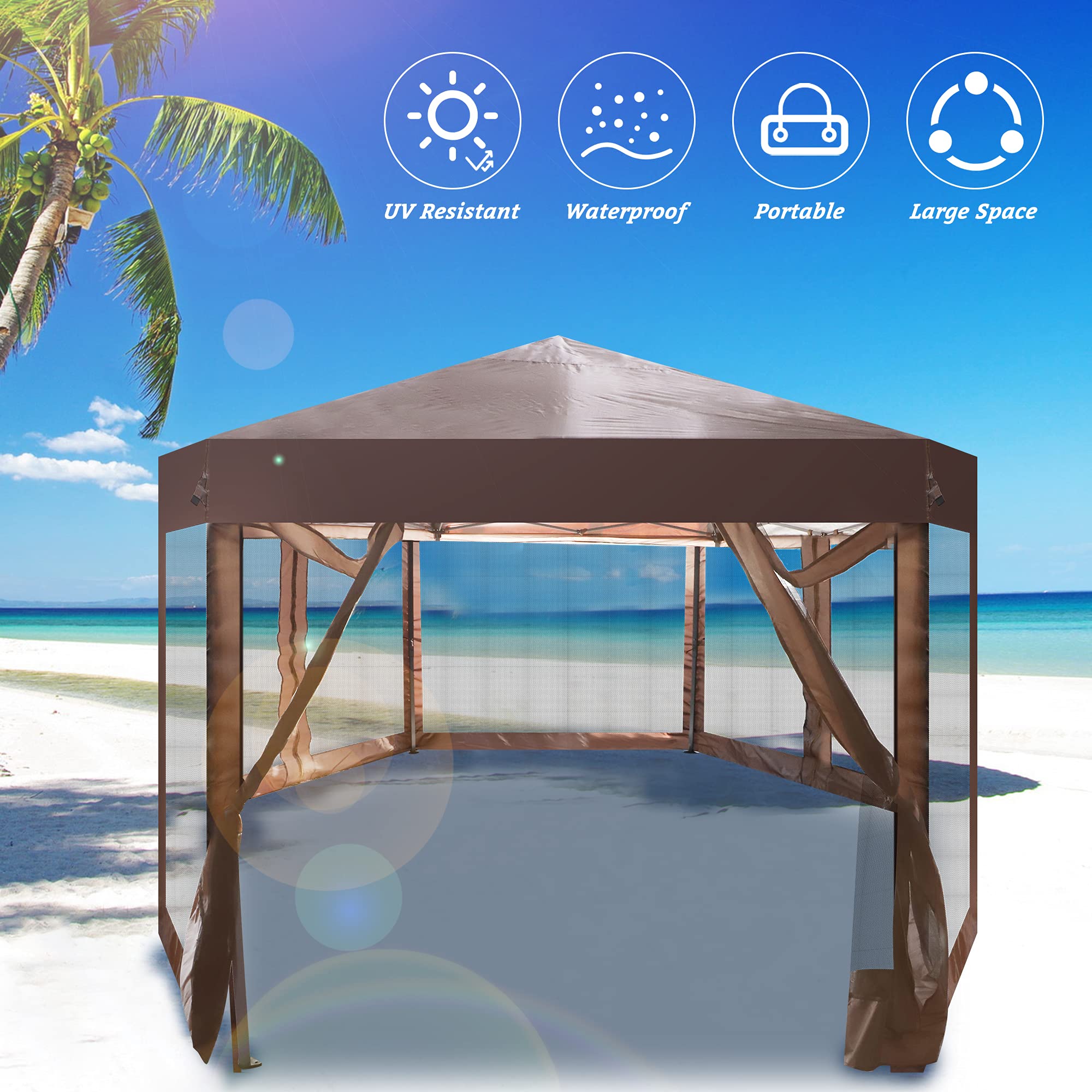 10' x 10' Pop Up Gazebo with Mosquito Net - Hexagonal Outdoor Canopy Tent for Backyard, Patio & Garden - Includes Storage Bag (Dark Brown) | Perfect for BBQs, Camping & Outdoor Gatherings