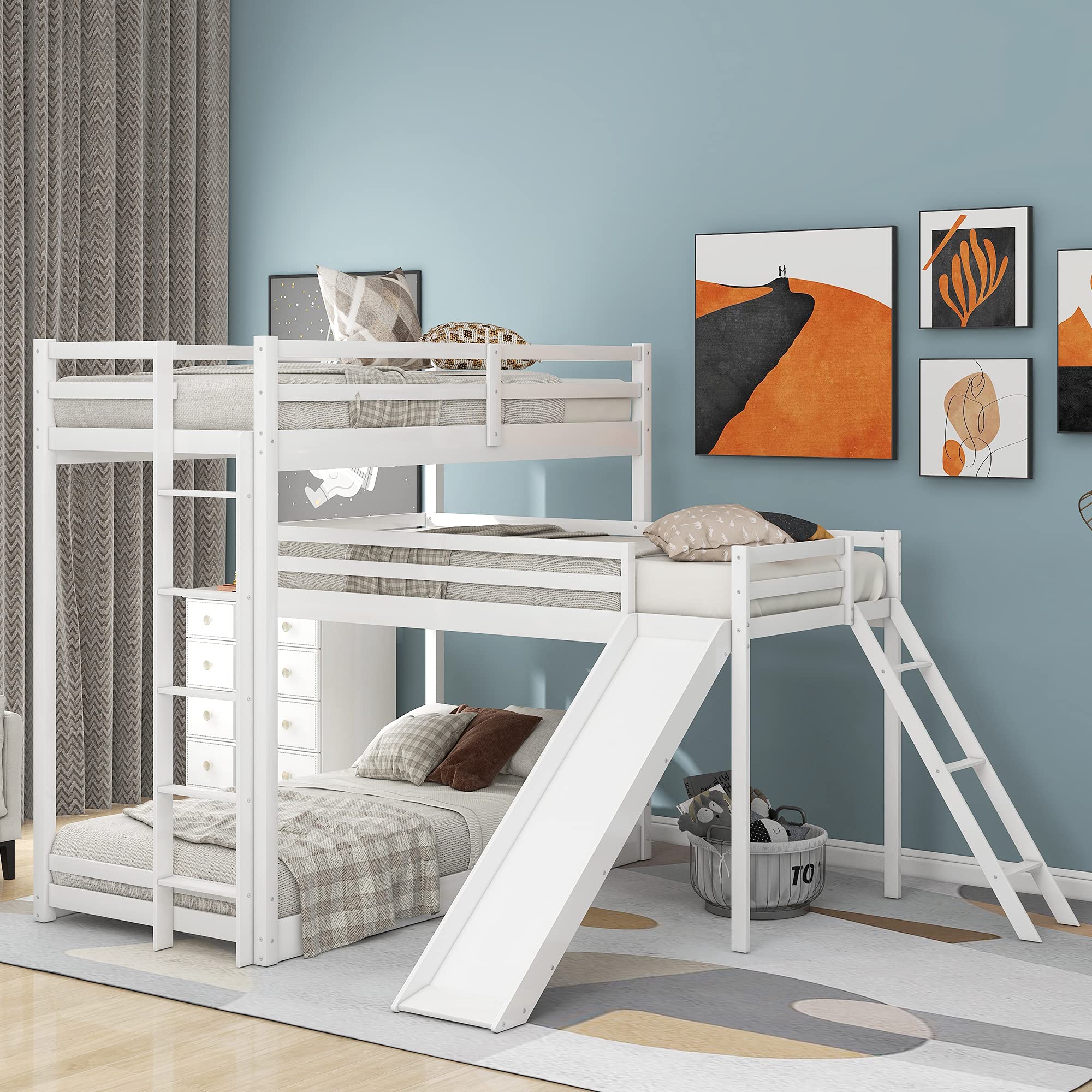 Space-Saving White L-Shaped Triple Bunk Bed Frame with Twin Loft, Ladder & Slide - Sturdy Wooden Bunk Bed for Kids, Teens & Adults - No Box Spring Needed - Perfect for Small Bedrooms, Dorms & Vacation Homes