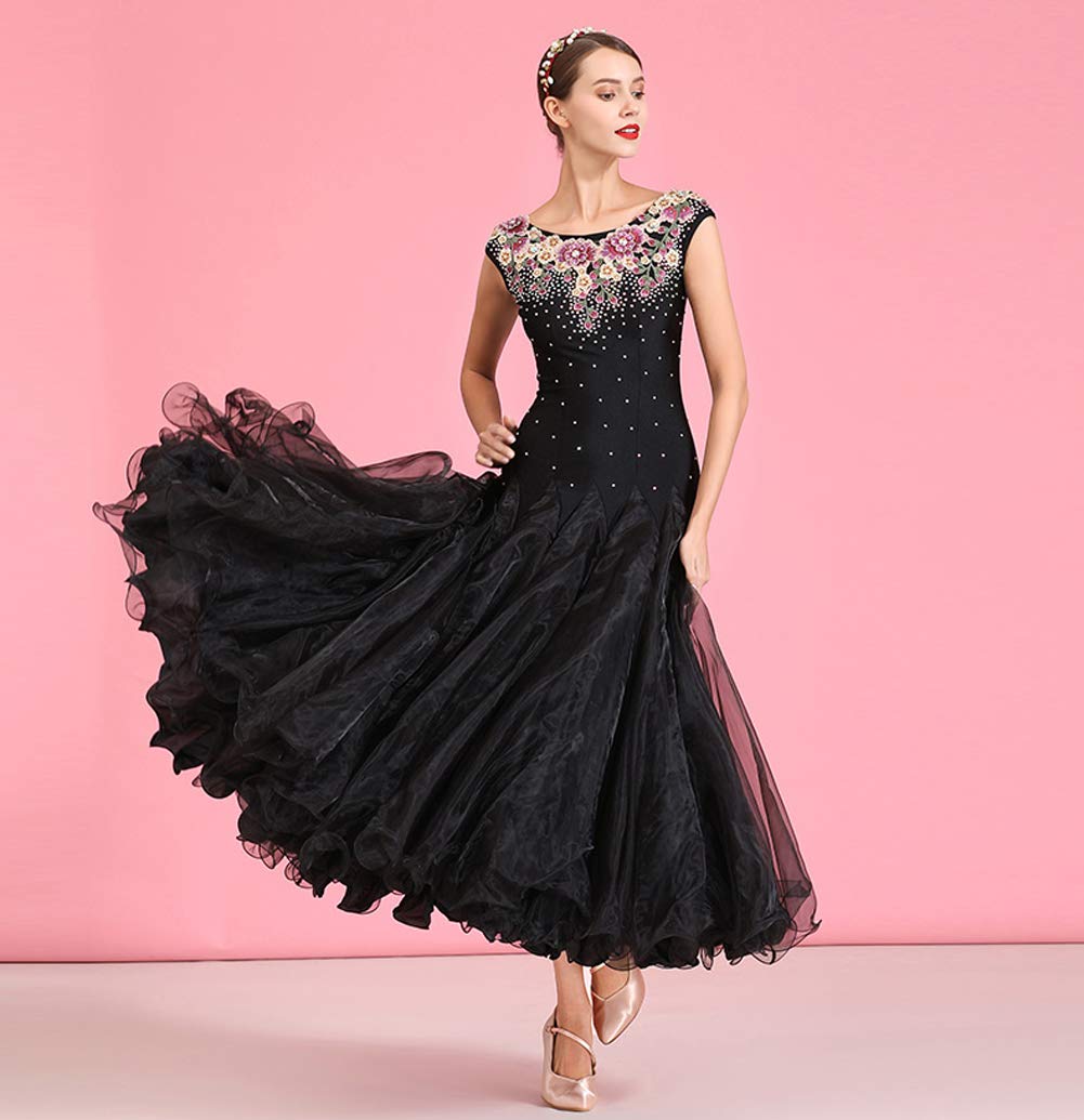 Elegant Black Ballroom Dance Dress for Women - Modern Waltz Standard Competition Gown - Perfect for Professional Dancesport Events & Social Dancing