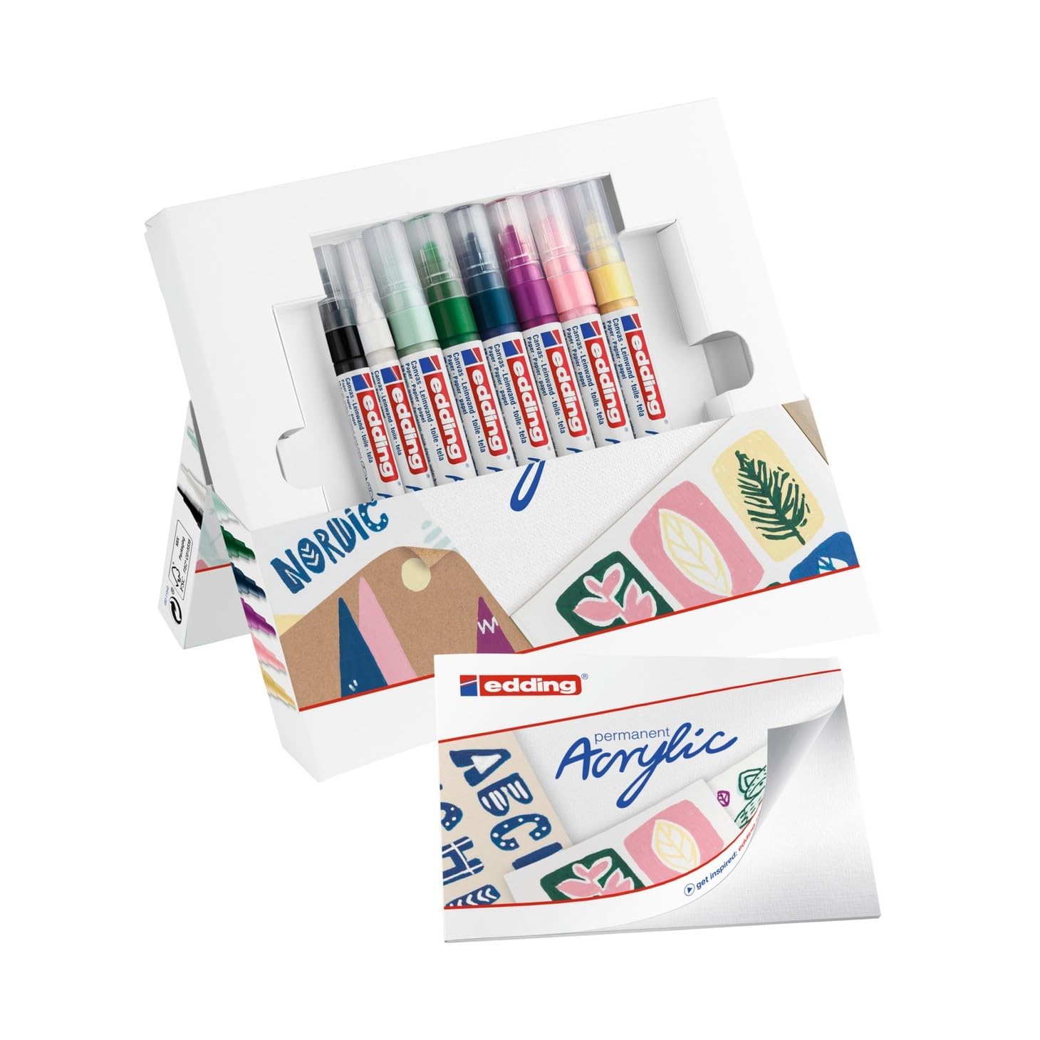 edding Start Easy Set - 8 Acrylic Paint Pens for Canvas, Wood & Rock Painting - Waterproof Fine & Medium Nib Markers with Postcard Pad - Nordic Colors - Perfect for DIY Crafts, Home Decor & Art Projects