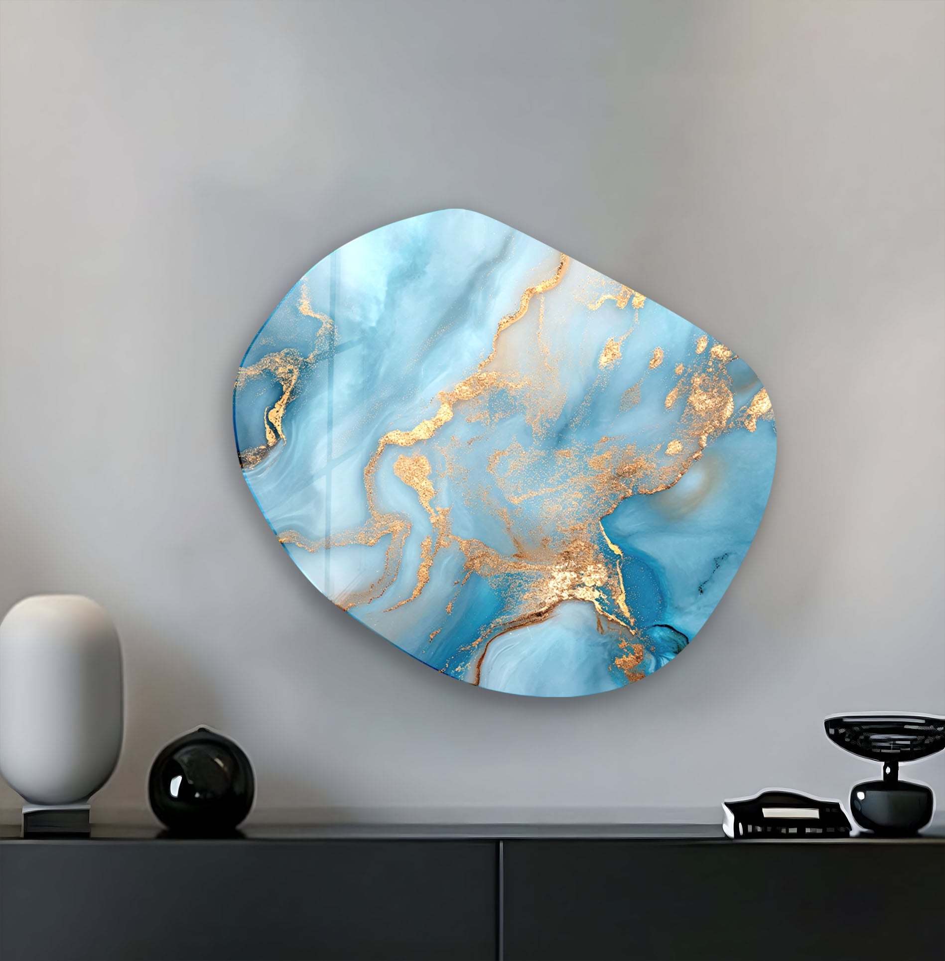 Blue Marble with Gold Sparkles Glass Wall Art - Elegant Home Decor for Living Room, Bedroom & Office - Perfect for Modern & Luxury Interior Design