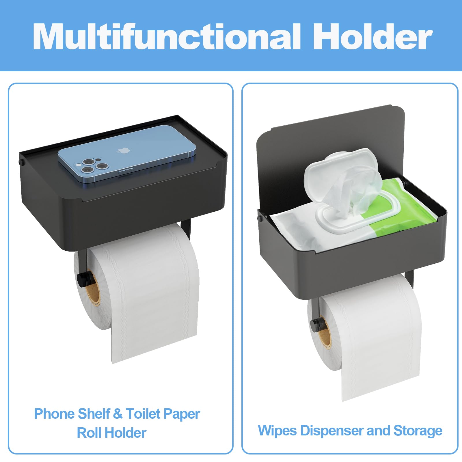 JUYSON Stainless Steel Toilet Paper Holder with Shelf & Flushable Wipes Dispenser - Wall Mount Bathroom Organizer for Wipes Storage | SUS304 Matte Black | Perfect for Modern Bathrooms & Hidden Wipe Organization
