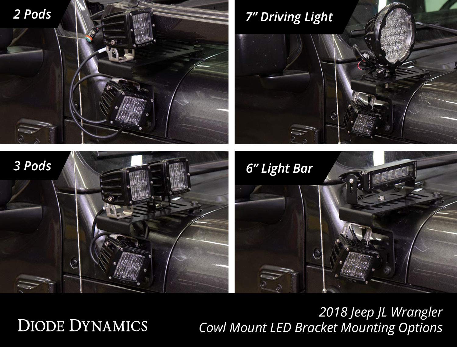 Diode Dynamics Cowl Mount LED Brackets for Jeep JL Wrangler (2018-2025) - Durable Off-Road Lighting Accessories for Enhanced Visibility in Night Driving & Off-Road Adventures