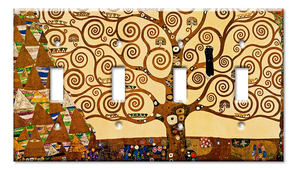 Artistic 4-Gang Oversized Toggle Switch Plate Cover - Klimt's The Tree of Life Design - Made in USA - Perfect for Living Rooms, Bedrooms & Home Decor