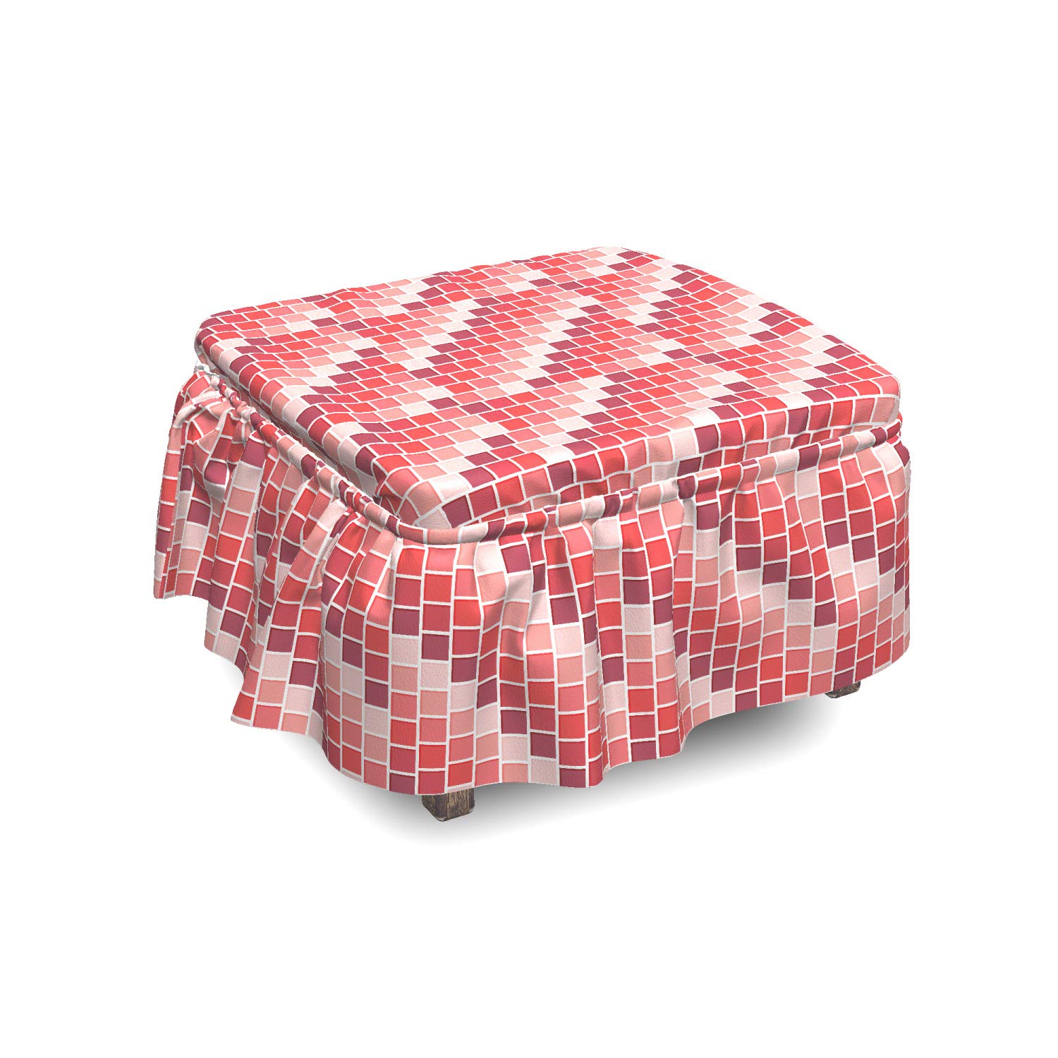 Ambesonne Colorful Ottoman Slipcover Set - 2 Piece Tile Rectangle Square Cover with Ruffle Skirt for Cube Footstool | Decorative Home Accent in Coral Rose | Standard Size | Perfect for Living Room, Bedroom & Home Decor