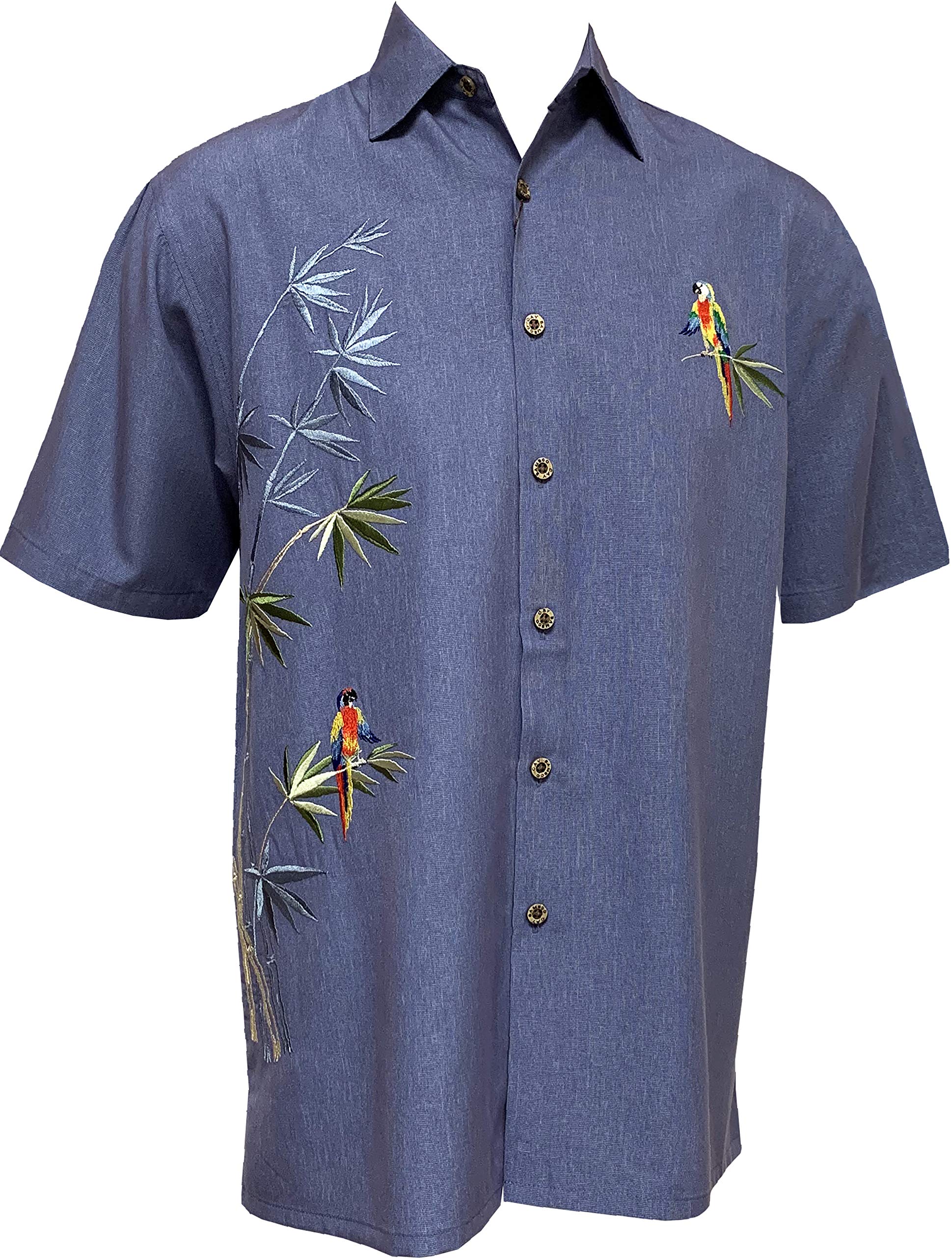Bamboo Cay Embroidered Men's Short Sleeve Hawaiian Shirt with Flying Parrots Design - Tropical Button Down Shirt for Beach Vacation, Summer Party & Casual Wear