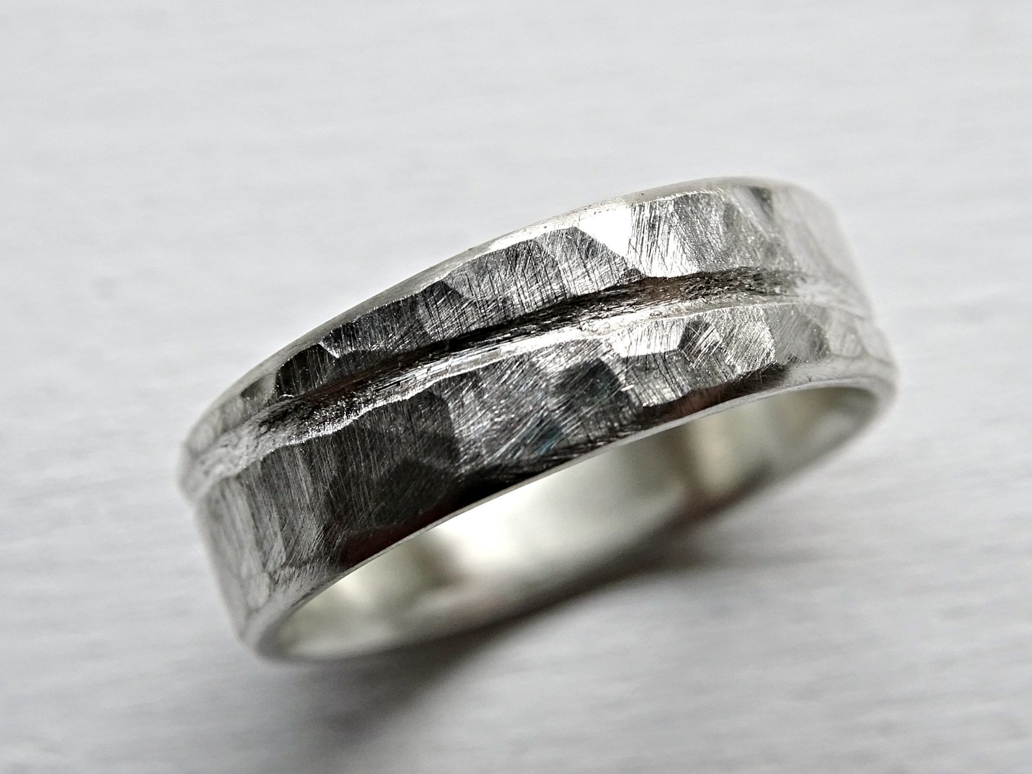 Rustic Wave Silver Ring for Men - Ocean Inspired Hammered Wedding Band - Unique Wide Mens Ring for Beach Weddings & Everyday Wear
