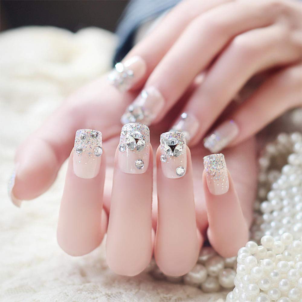 24pcs HUJL False Nails Set - Pink Pre-Designed Rhinestone Full Coverage Artificial Nails | Bridal Nail Art Tips for Wedding, Party & Special Occasions