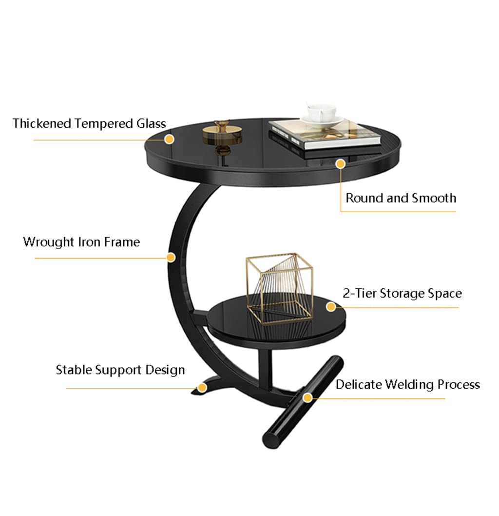 Premium 2-Tier Round Tempered Glass Side Table - Black End Table for Living Room, Bedroom, Hotel | Sturdy & Stylish Sofa Table for Coffee, Books, Lamps & Decor