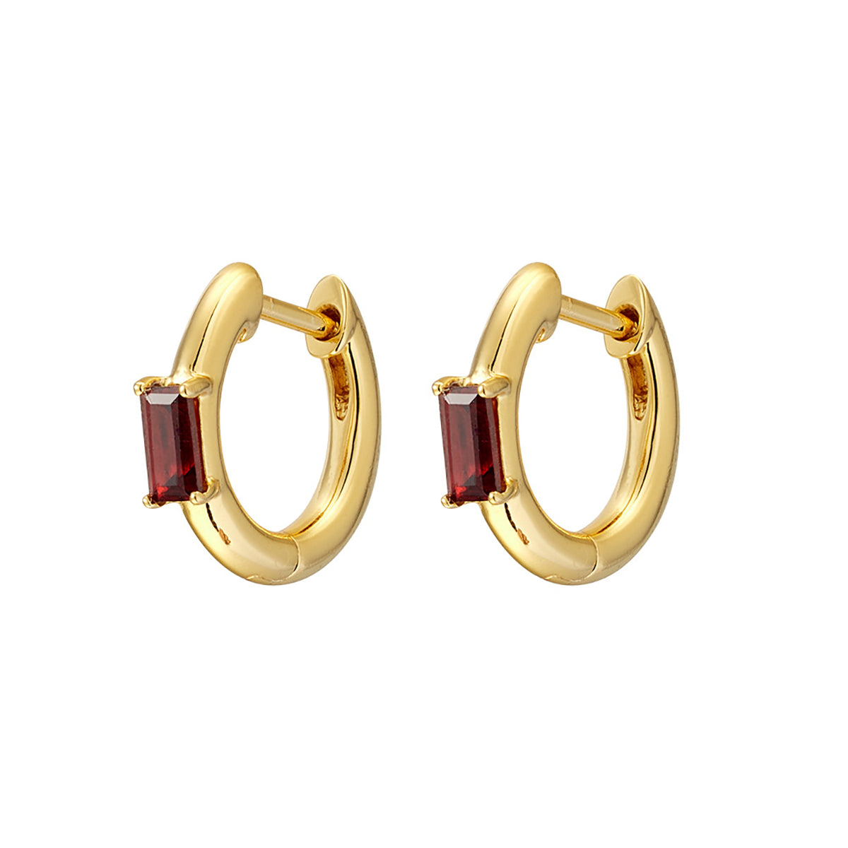 Luxury Lumen Baguette Garnet Huggie Hoop Earrings - 14K Gold Plated Elegant Dangle Earrings for Women, Perfect for Weddings, Parties & Special Occasions