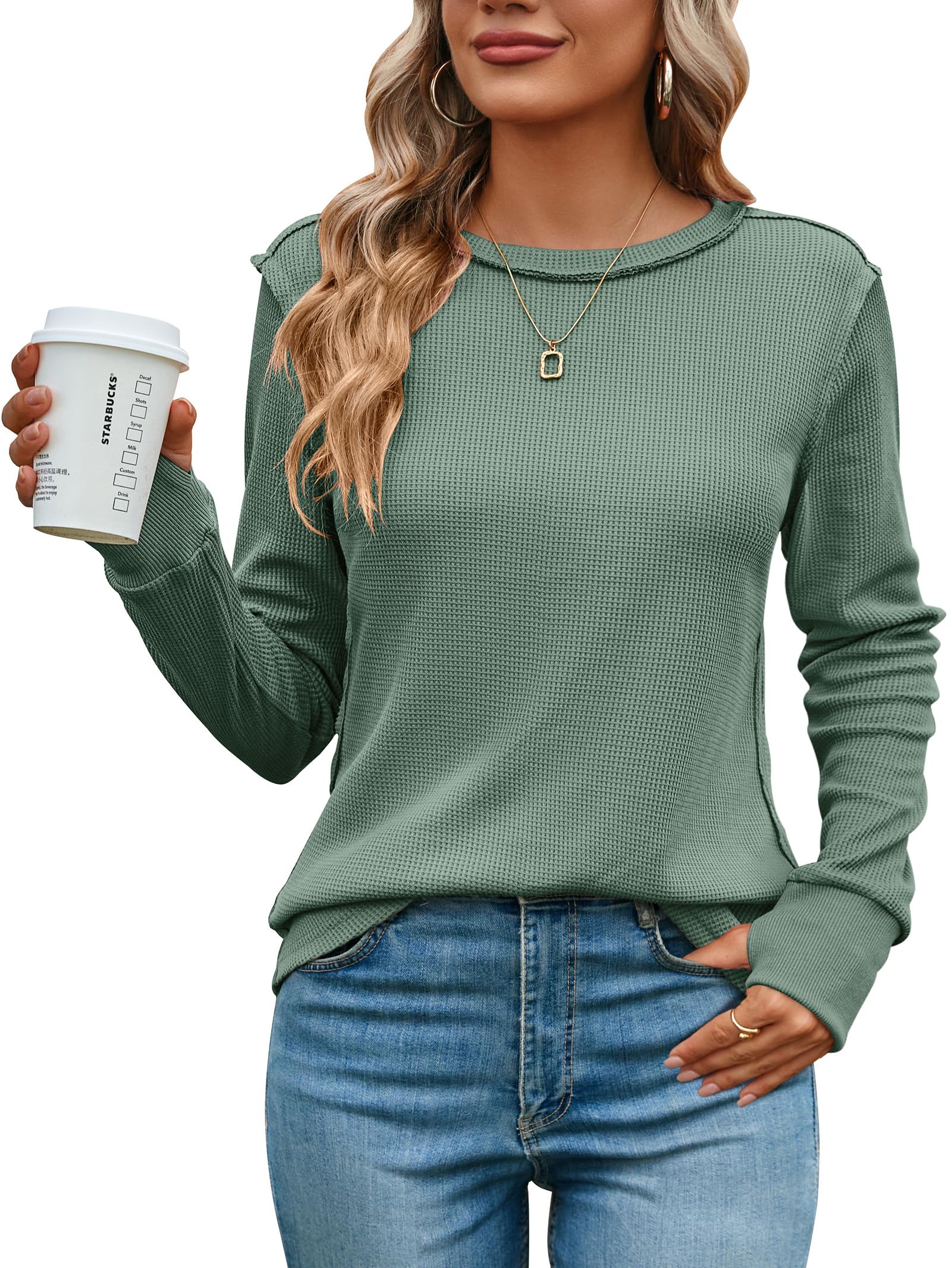 Halife Women's Waffle Knit Long Sleeve Tops - Slim Fit Crew Neck Pullover Shirt with Thumb Holes | Casual Fall & Winter Layering Piece for Work, Travel & Outdoor Activities