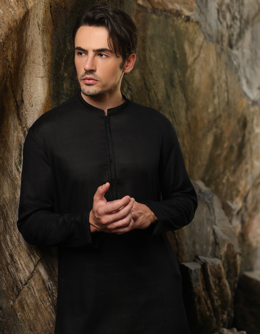 Premium Cotton Black Kurta for Men by J. Junaid Jamshed - Traditional Pakistani Wear for Eid, Weddings & Special Occasions