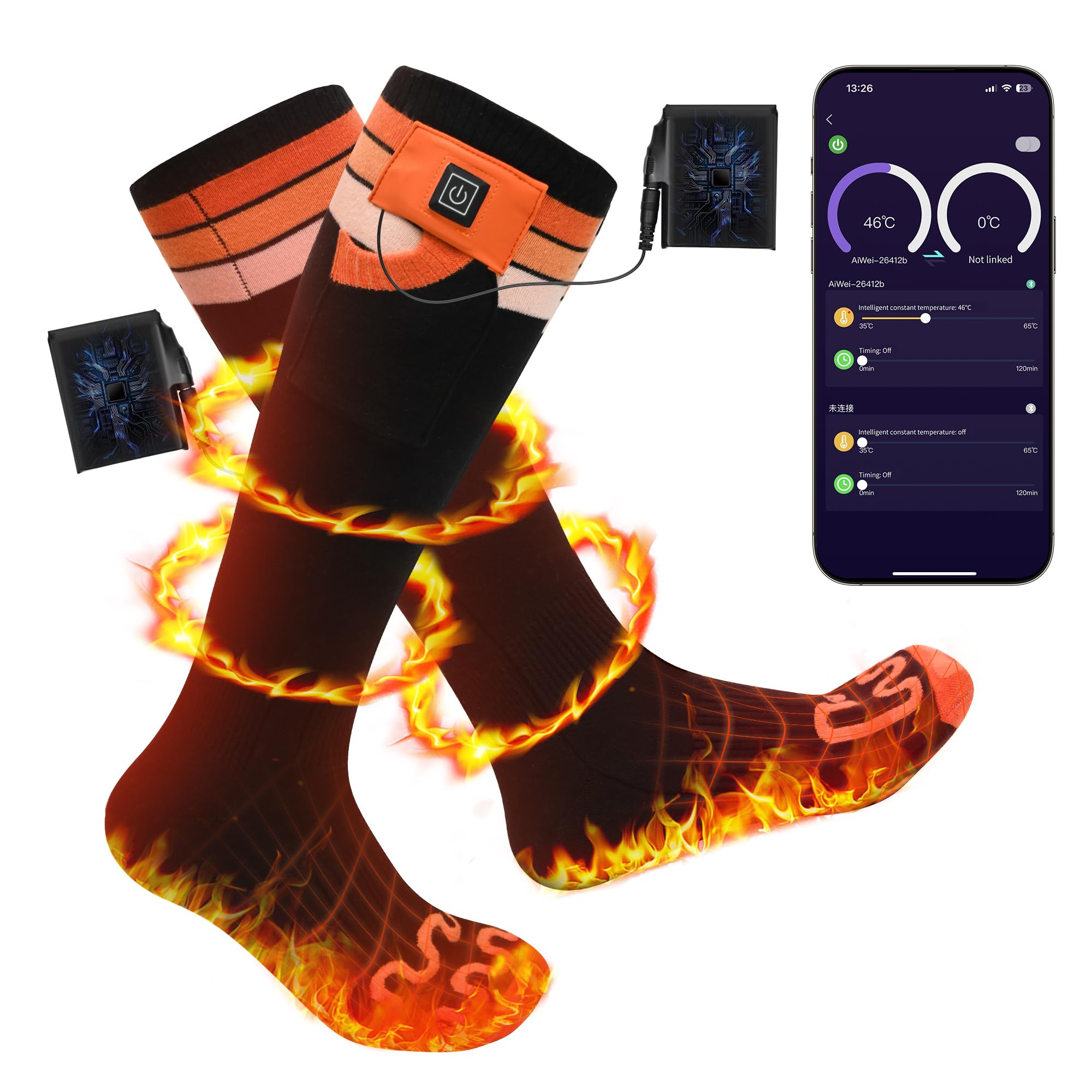Rechargeable Heated Socks for Men & Women - 7.4V 6000mAh Battery, 17H Heat, 10s Fast Warm-Up, 5-Level Temperature Control, APP Remote - Washable Electric Foot Warmers for Skiing, Hiking, Camping & Winter Outdoor Activities