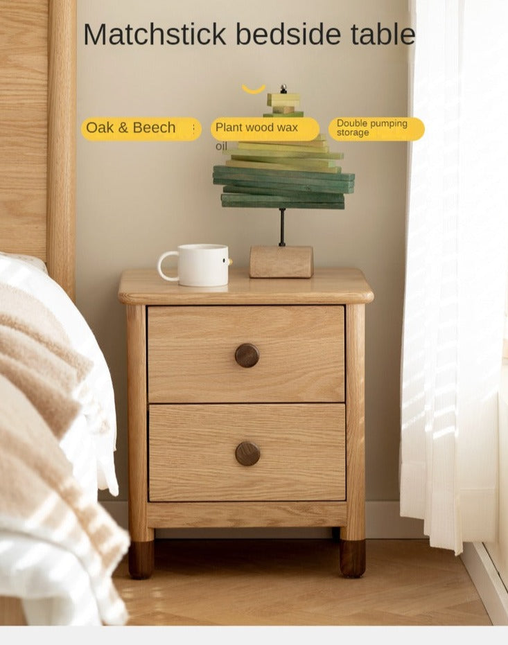 Solid Oak Wood Nightstand with Two Drawers - Bedside Table for Bedroom, Living Room, or Office Storage