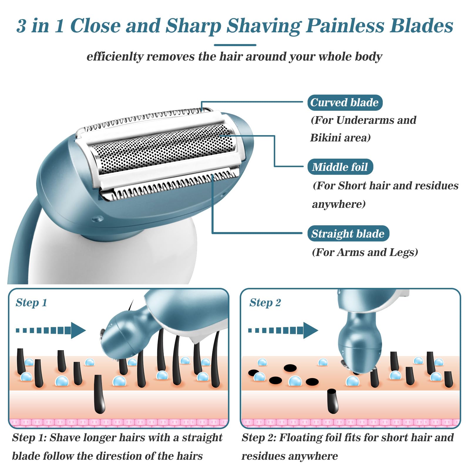 Best Electric Razor for Women - Rechargeable Wet/Dry Bikini & Legs Trimmer - Painless Cordless Shaver for Underarm & Pubic Hair with Detachable Head (Blue) - Perfect for Travel, Gym & Quick Hair Removal at Home