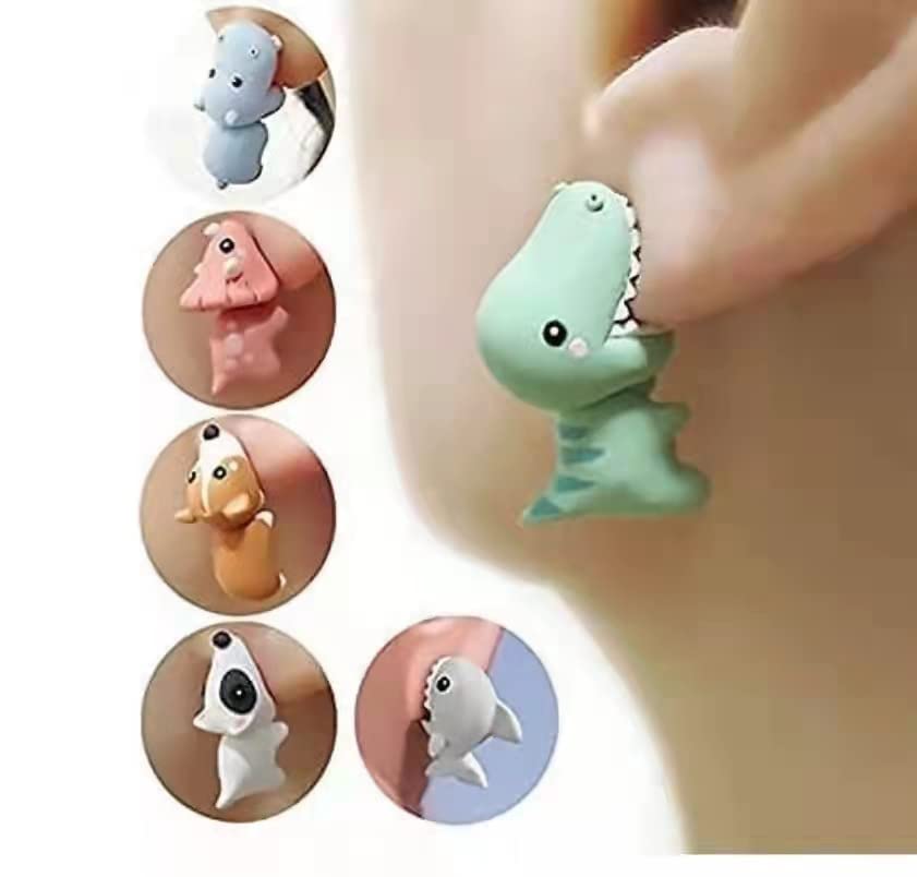 3D Cartoon Dinosaur & Shark Bite Earrings - Handmade Polymer Clay Stud Earrings for Women & Girls - Cute Animal Ear Piercing Jewelry for Casual Wear, Parties & Gifts