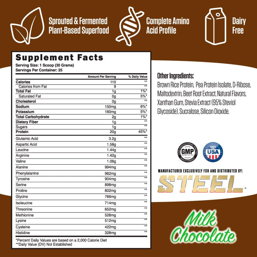 Steel Supplements Veg-PRO Vegan Protein Powder - Milk Chocolate Flavor, 25 Servings (1.65lbs) | Organic Plant-Based Protein with BCAA Amino Acids | Gluten Free, Dairy Free, Low Carb | Perfect for Post-Workout Recovery & Muscle Building