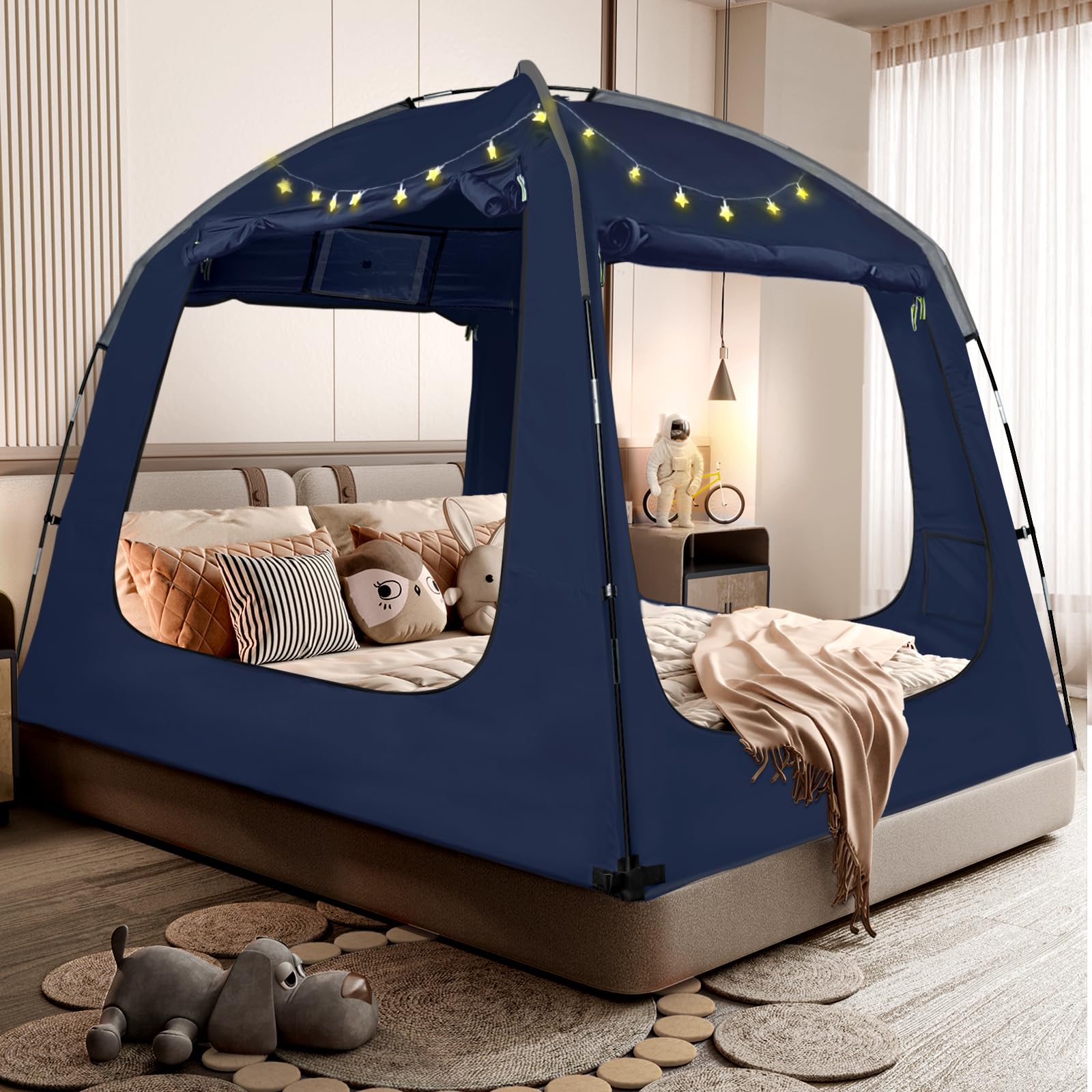 Breathable Bed Tent Canopy for Adults & Kids - Light Reducing Sleep Tent for Twin, Full, Queen & King Size Beds | Portable Indoor Bed Canopy with 4 Doors & String Lights | Perfect for Camping, Sleepovers & Creating Cozy Bedroom Spaces