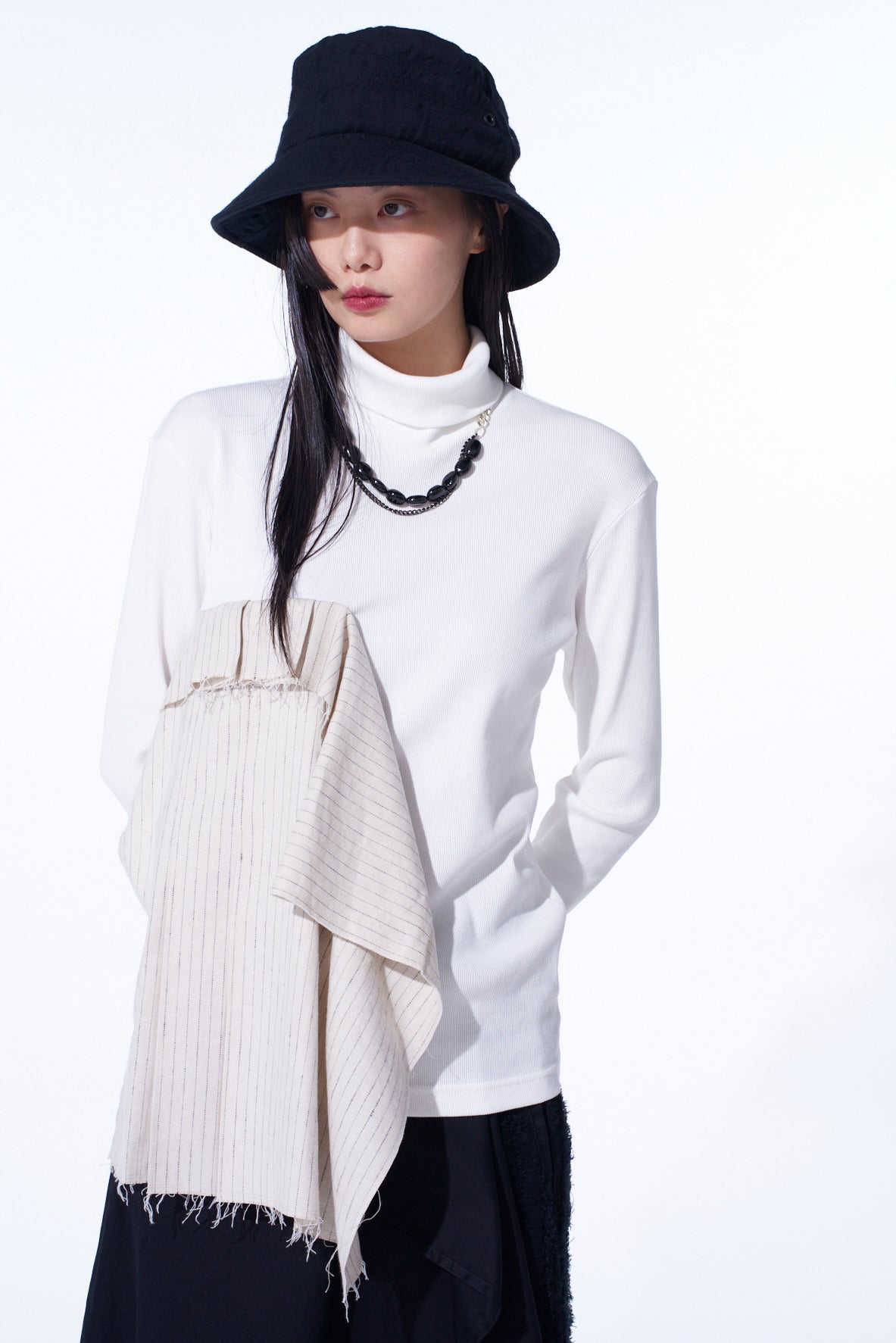 Premium Cotton Rib Jersey Long Sleeve High Neck T-Shirt with Pleated Stripes - Women's Fashion Basic Top for Casual Wear & Layering