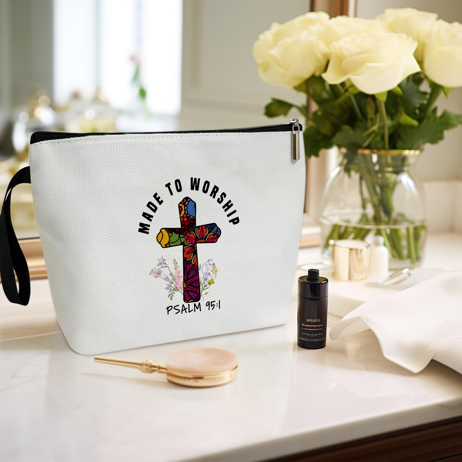 Floral Cross Zipper Bible Pouch for Women - Christian Travel Organizer & Toiletry Bag for Church, Bible Study, and Daily Use