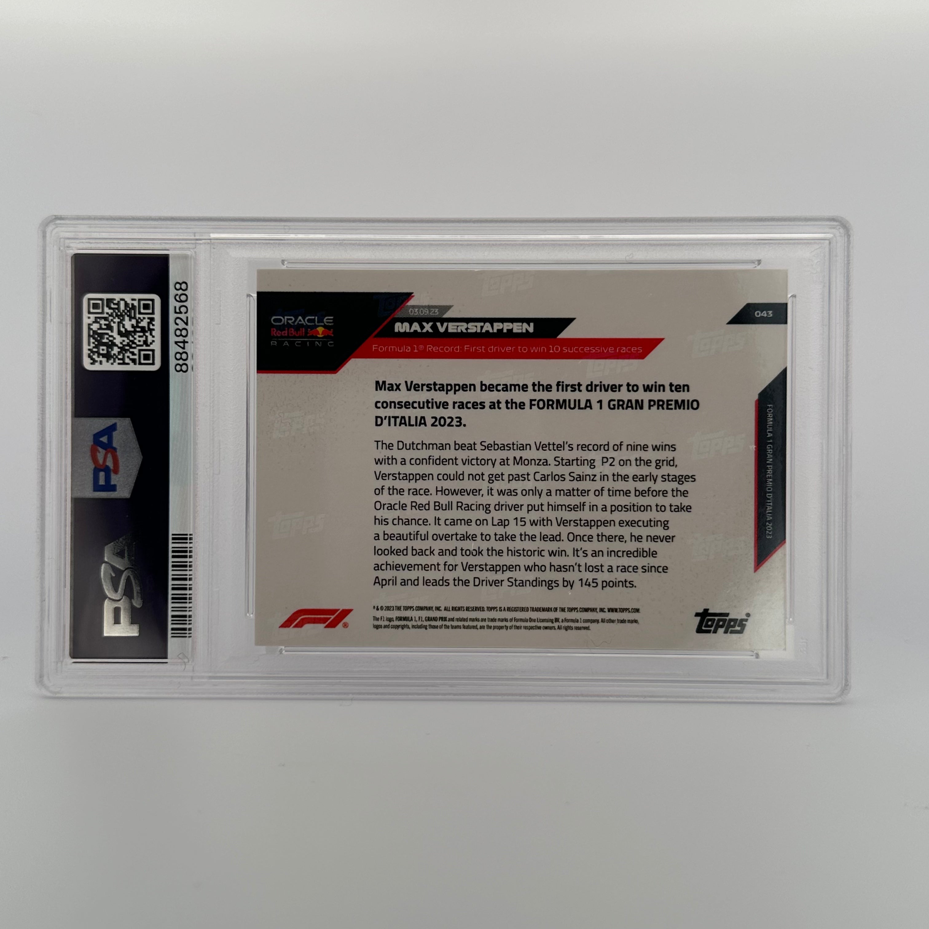 PSA 10 /99 Max Verstappen #43 Red Bull Racing F1 Trading Card - Rare Collectible for Sports Memorabilia & Formula 1 Fans - Perfect for Display, Investment & Gifting
