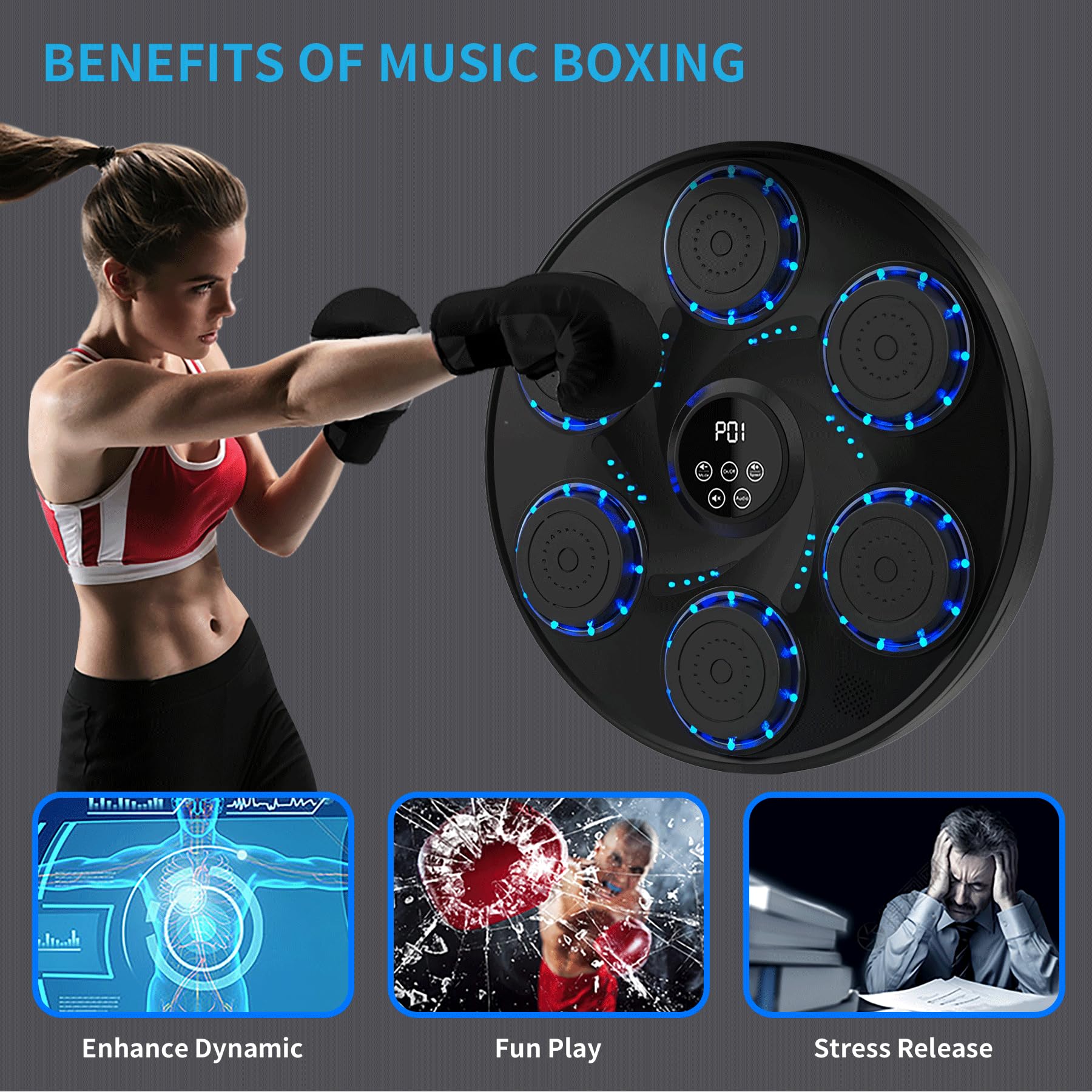 Electronic Music Boxing Machine for Adults & Kids - Large Interactive Punching Pad Trainer with Boxing Gloves, 9 Modes & 9 Speeds, Wall Mounted - Perfect for Home Gym, Fitness Training & Stress Relief