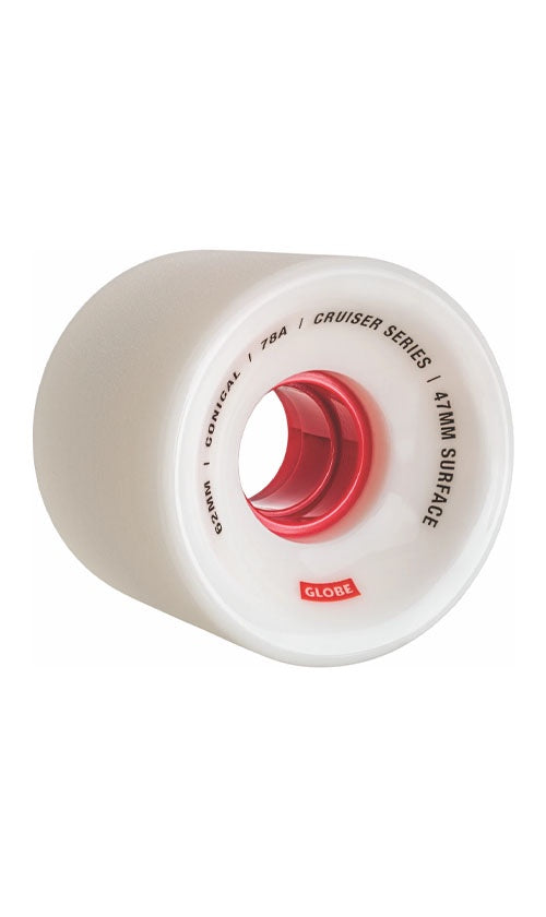 62mm Globe Conical Wheels - White/Red Skateboard Wheels for Smooth Cruising & Street Skating - Perfect for Longboards, Cruisers & Skateboards