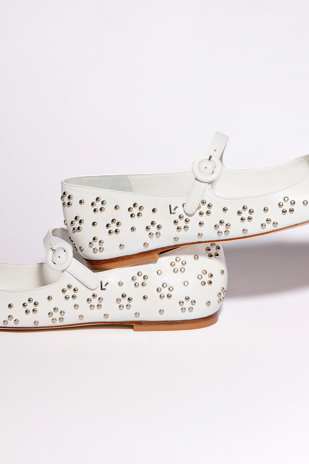 Blair Women's White Leather Ballet Flats with Metallic Studs - Comfortable & Stylish Shoes for Work, Casual Wear & Dance
