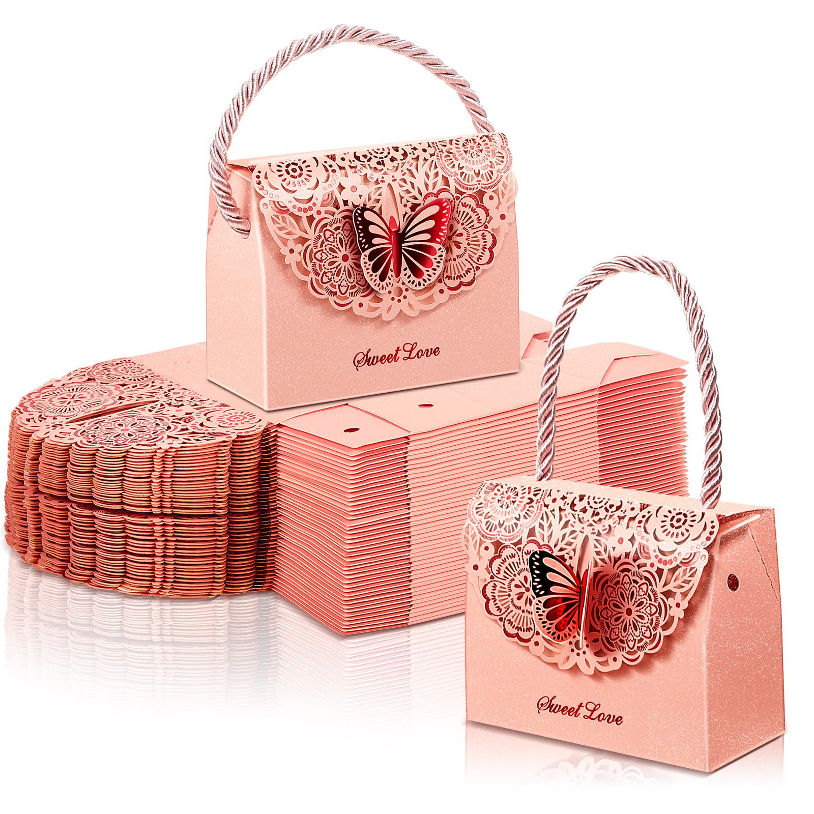 50 Pcs Pink Butterfly Party Favor Bags - Wedding, Birthday, Bridal Shower Candy Treat Boxes - Elegant Goodie Bags for Baby Showers, Graduation Parties & Special Events