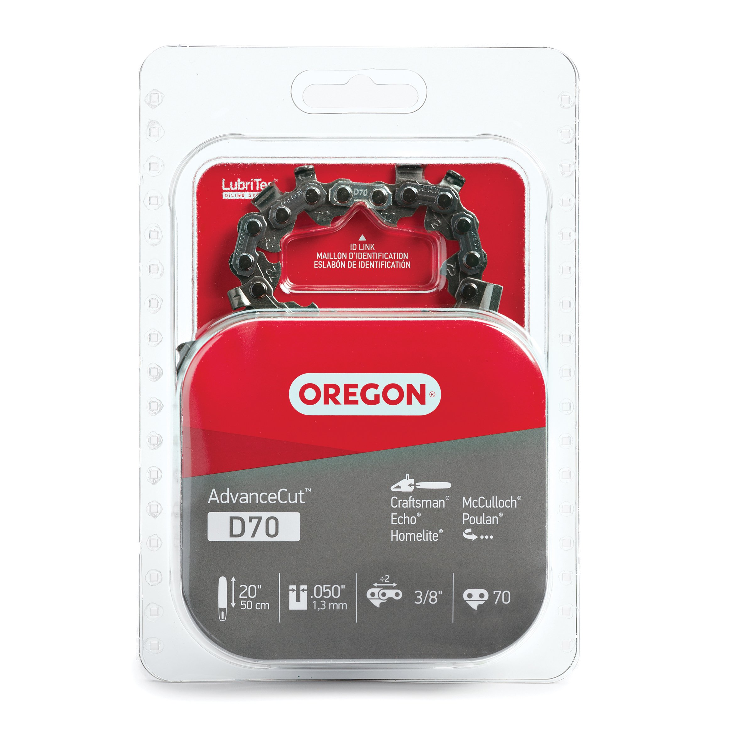 Oregon D70 AdvanceCut Chainsaw Chain - 20-Inch Bar Replacement Low-Kickback Chain for Poulan Pro & Echo Chainsaws - 70 Drive Links, .050 Gauge, 3/8 Pitch - Perfect for Tree Trimming, Firewood Cutting & Landscaping